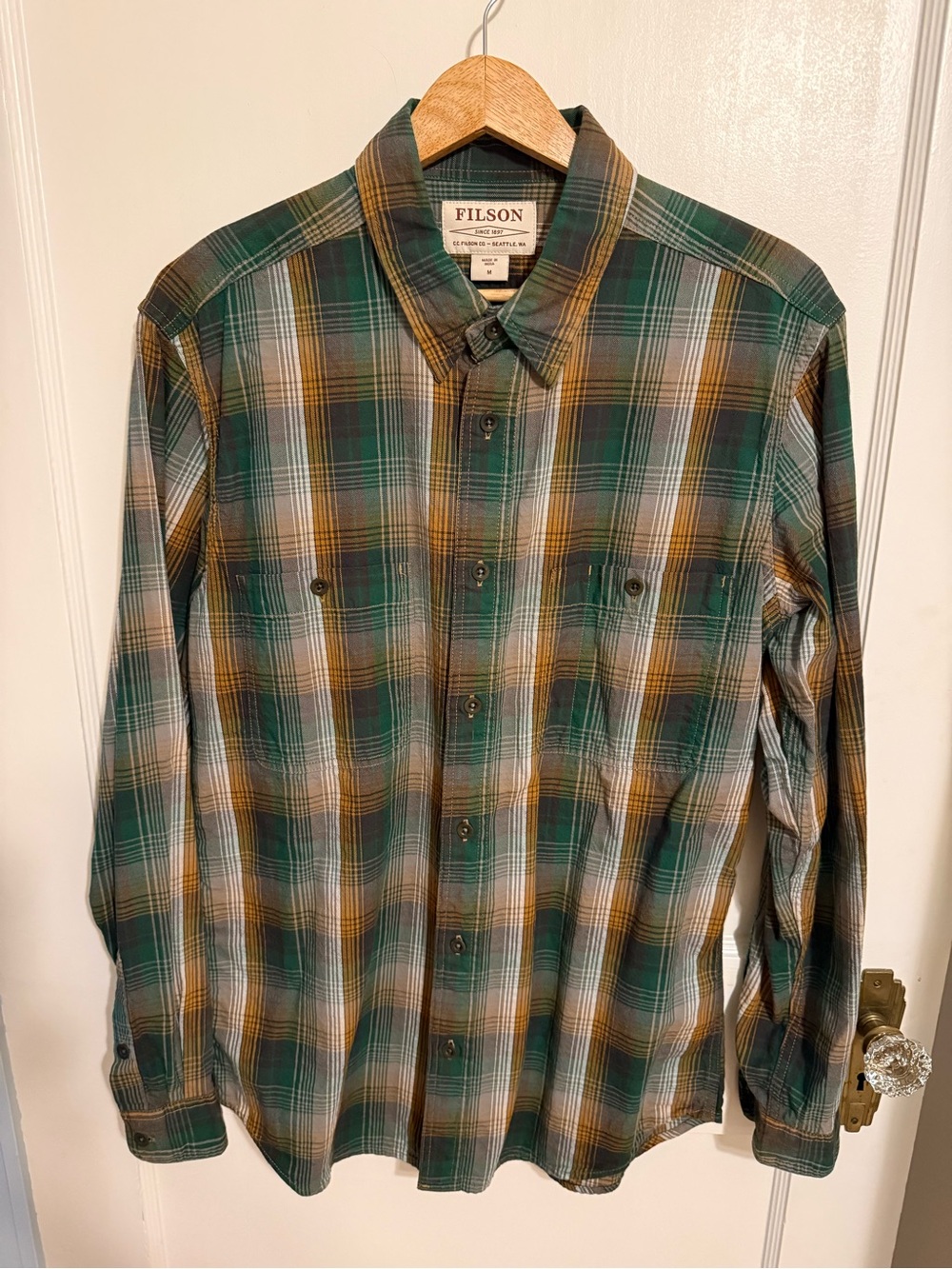 Filson Green and Tan Plaid Long-Sleeve Button Shirt